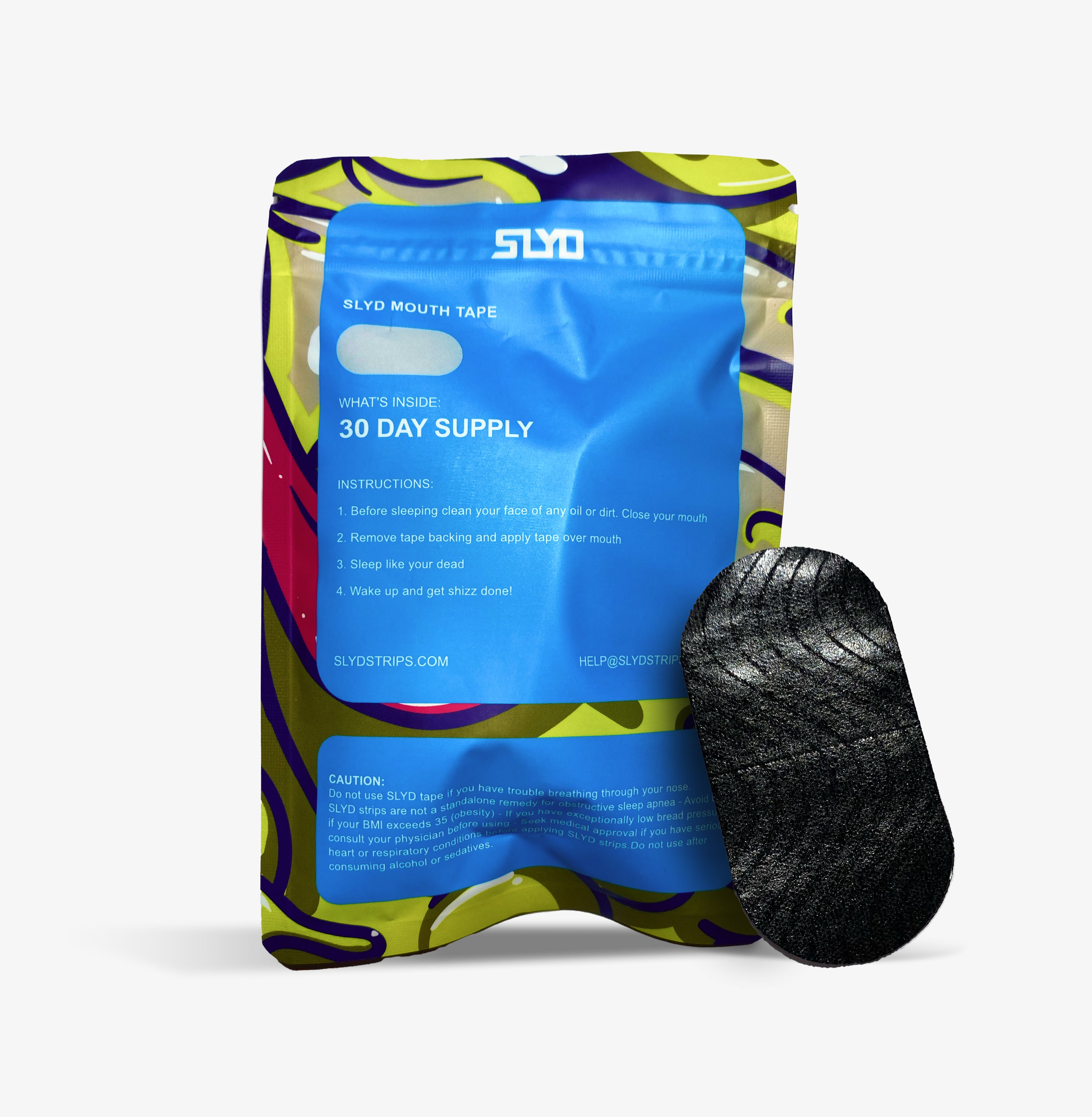 back of mouth tape bag, instructions on how to use tape, 30 day supply, sizing shown, sleep like you're dead logo, sticky side of custom design mouth tape